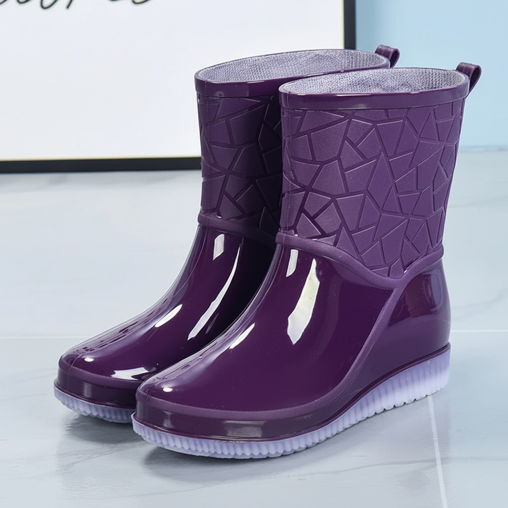 Bottes de pluie femme mi-mollet imperméables avec semelle antidérapante, bottes en caoutchouc brillant avec doublure cha
