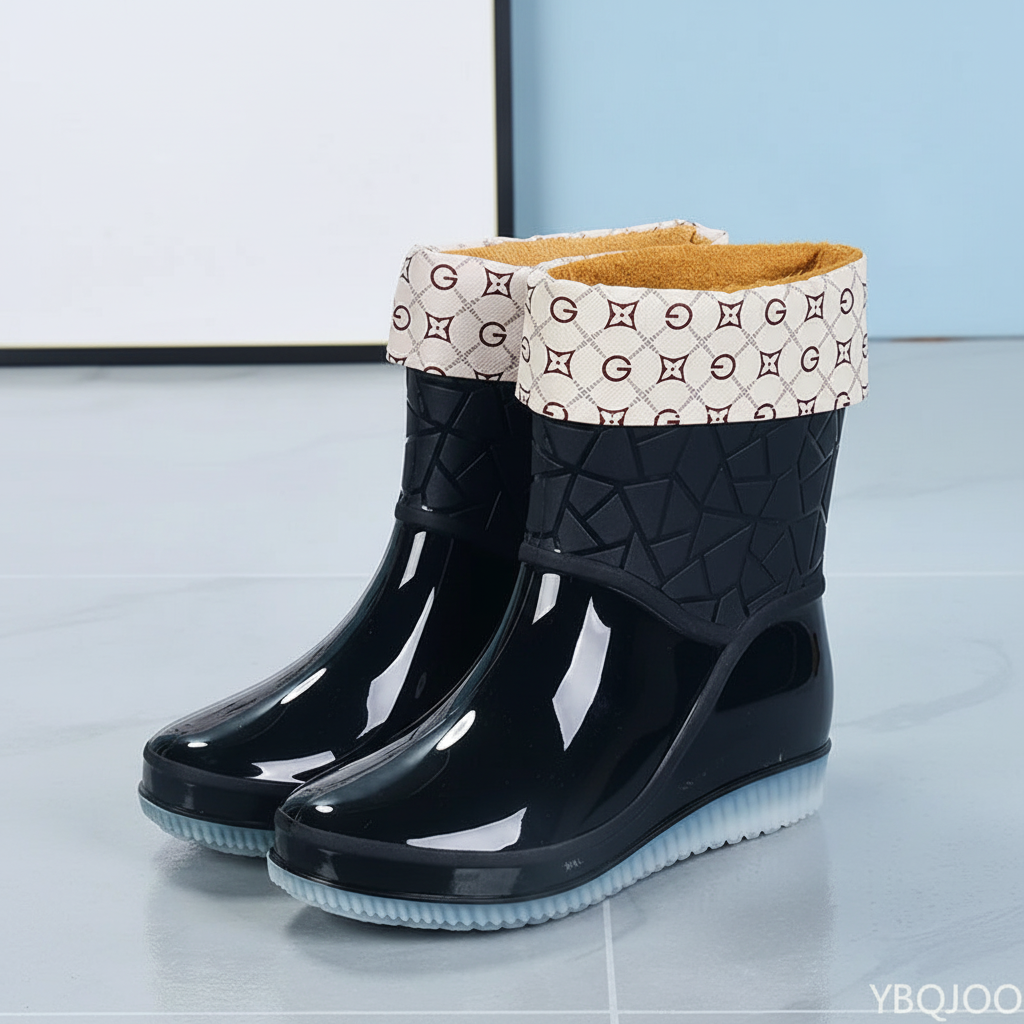Bottes de pluie femme mi-mollet imperméables avec semelle antidérapante, bottes en caoutchouc brillant avec doublure cha