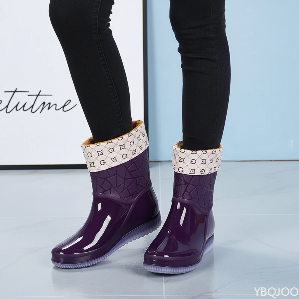 Bottes de pluie femme mi-mollet imperméables avec semelle antidérapante, bottes en caoutchouc brillant avec doublure cha