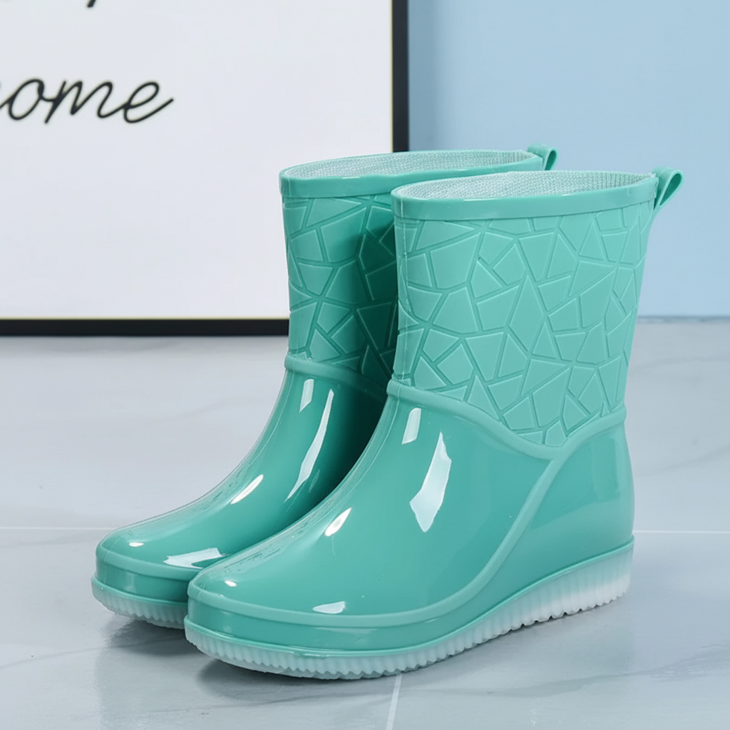 Bottes de pluie femme mi-mollet imperméables avec semelle antidérapante, bottes en caoutchouc brillant avec doublure cha