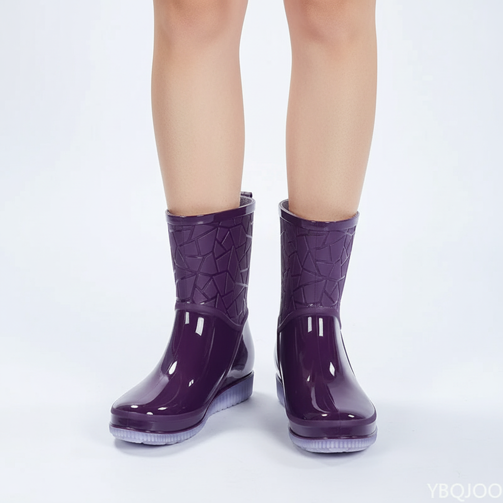 Bottes de pluie femme mi-mollet imperméables avec semelle antidérapante, bottes en caoutchouc brillant avec doublure cha