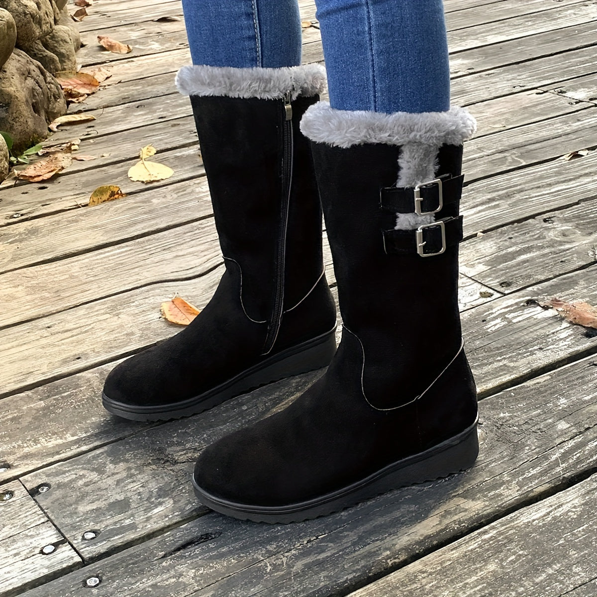 Bottes fourrées femme, bottes d'hiver avec zip latéral, double boucle et semelle antidérapante, 3 coloris, pointures EU 