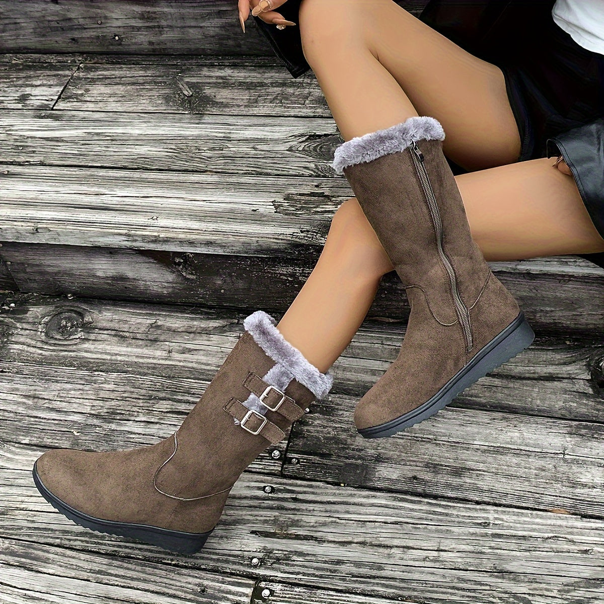 Bottes fourrées femme, bottes d'hiver avec zip latéral, double boucle et semelle antidérapante, 3 coloris, pointures EU 