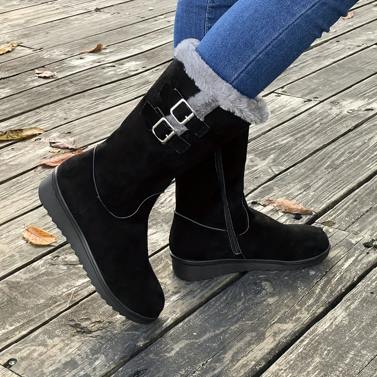 Bottes fourrées femme, bottes d'hiver avec zip latéral, double boucle et semelle antidérapante, 3 coloris, pointures EU 
