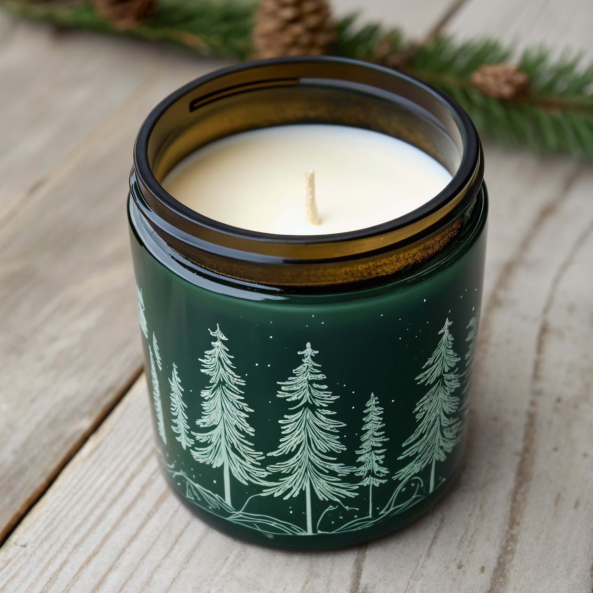 Bougie en cire de soja Forêt de pins NARSAGO — Pot vert foncé avec motif de pins