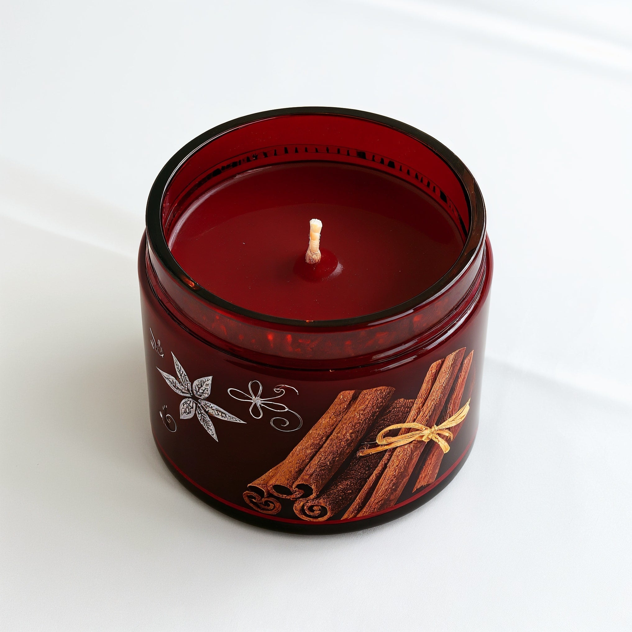 Bougie parfumée à la cire de soja Cannelle épicée — pot rouge foncé avec motif cannelle