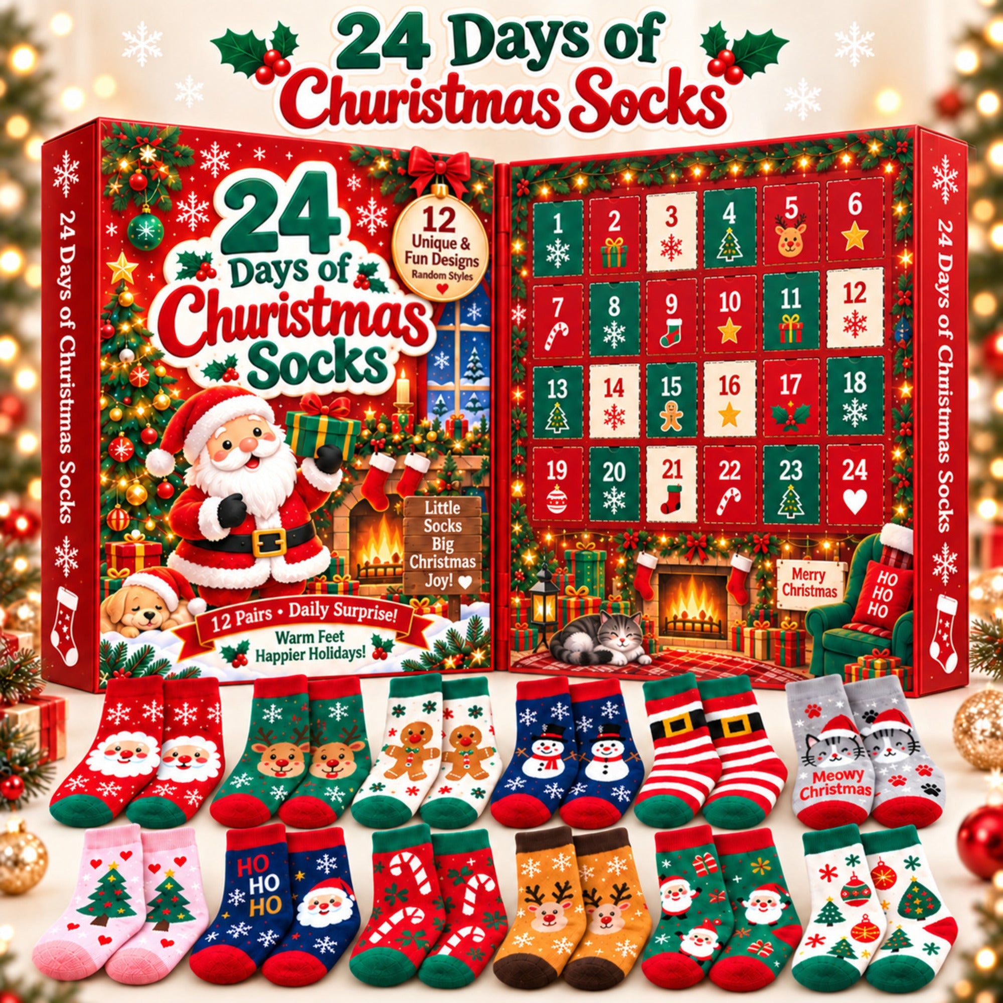 Calendrier de l'Avent 24 jours de chaussettes de Noël, coffret cadeau mystère de 12 paires de chaussettes, motifs festif
