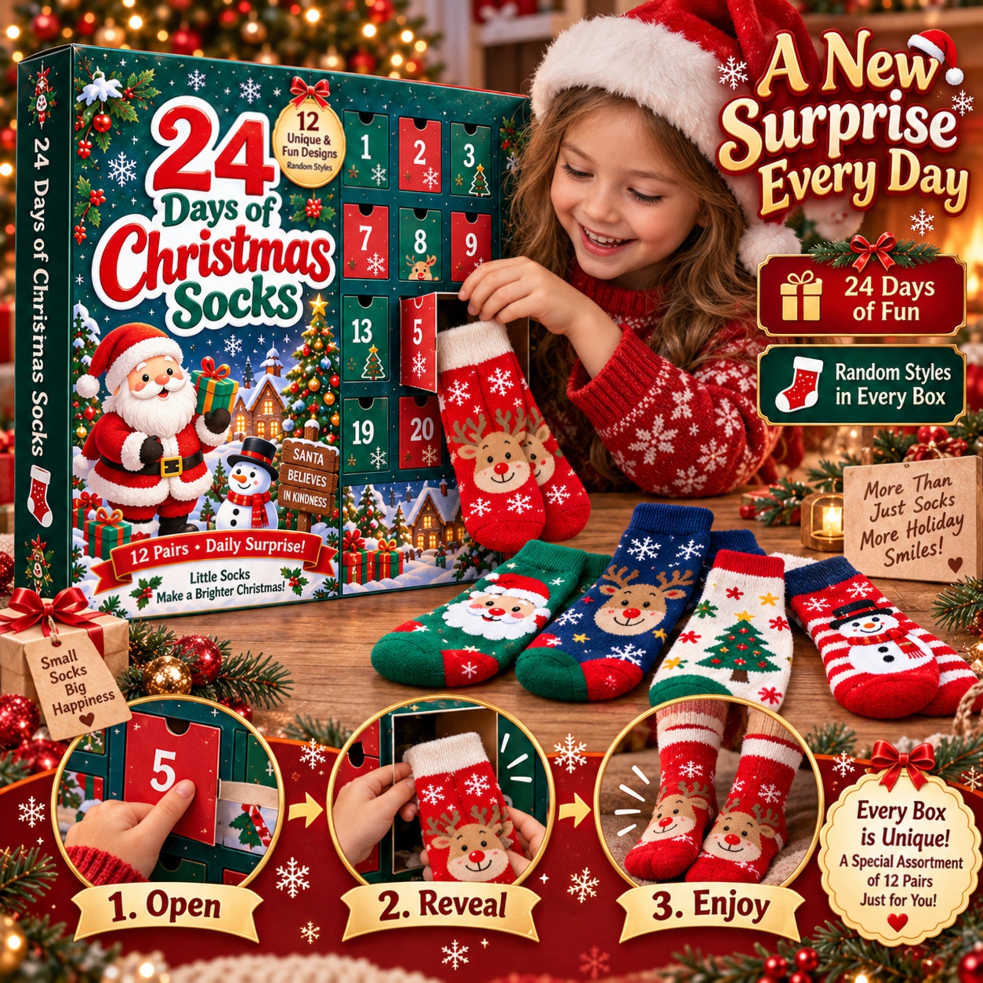 Calendrier de l'Avent 24 jours de chaussettes de Noël, coffret cadeau mystère de 12 paires de chaussettes, motifs festif