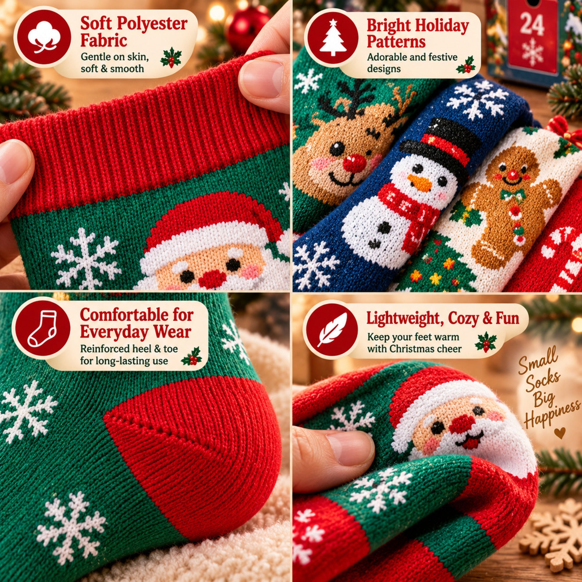 Calendrier de l'Avent 24 jours de chaussettes de Noël, coffret cadeau mystère de 12 paires de chaussettes, motifs festif