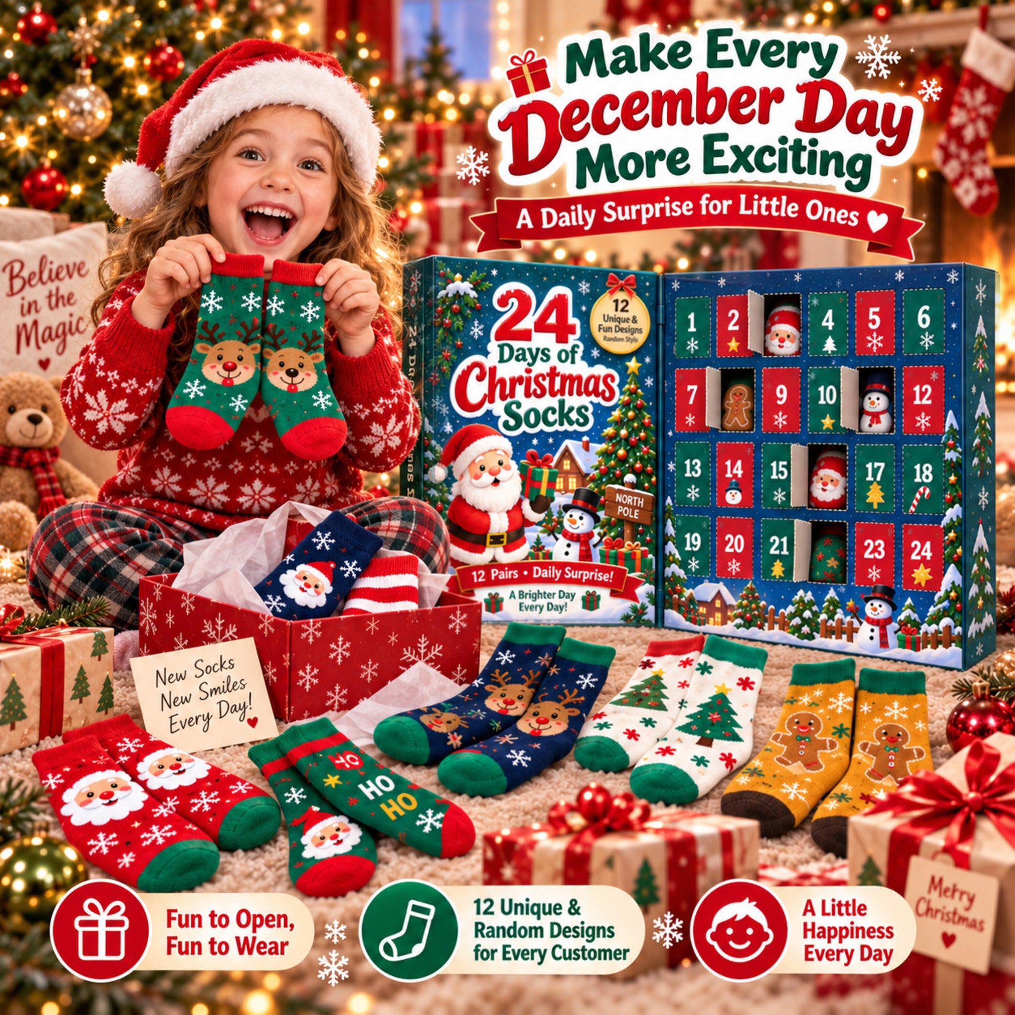 Calendrier de l'Avent 24 jours de chaussettes de Noël, coffret cadeau mystère de 12 paires de chaussettes, motifs festif