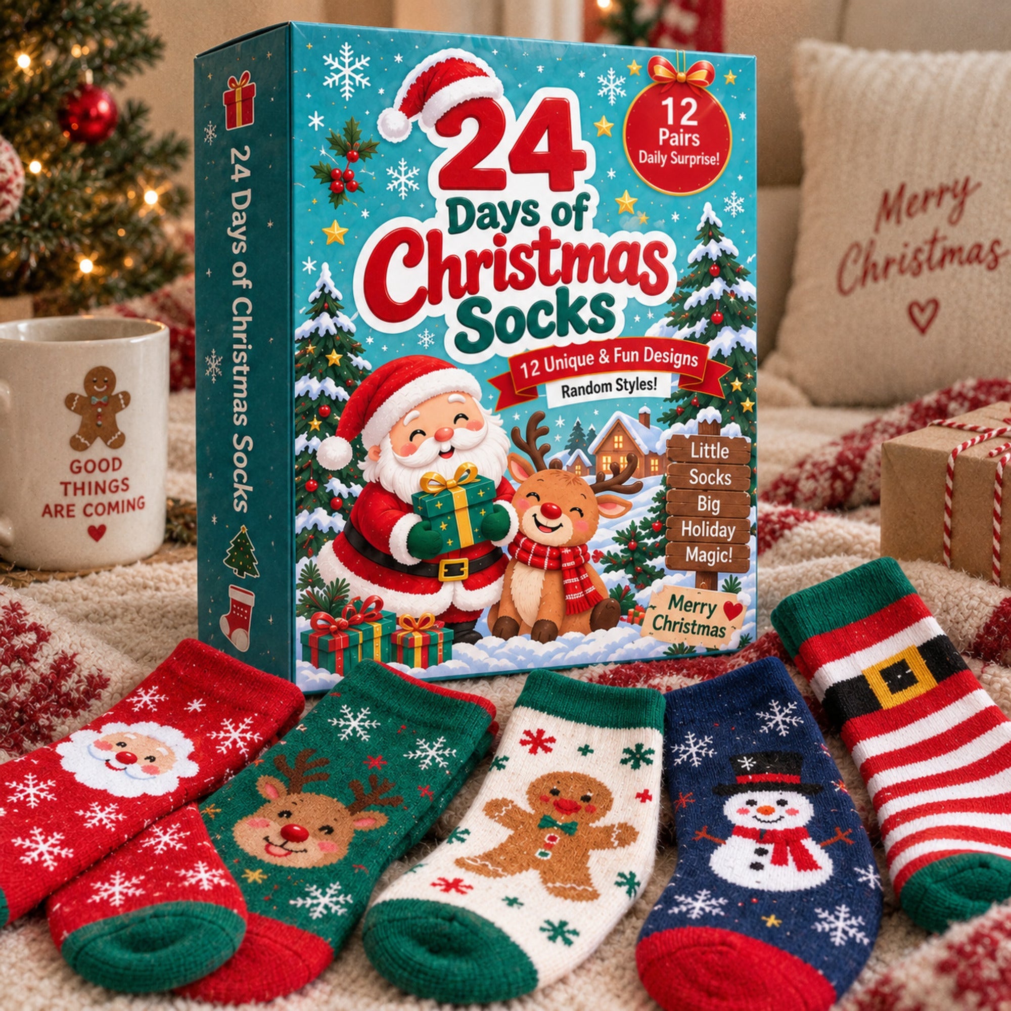 Calendrier de l'Avent 24 jours de chaussettes de Noël, coffret cadeau mystère de 12 paires de chaussettes, motifs festif