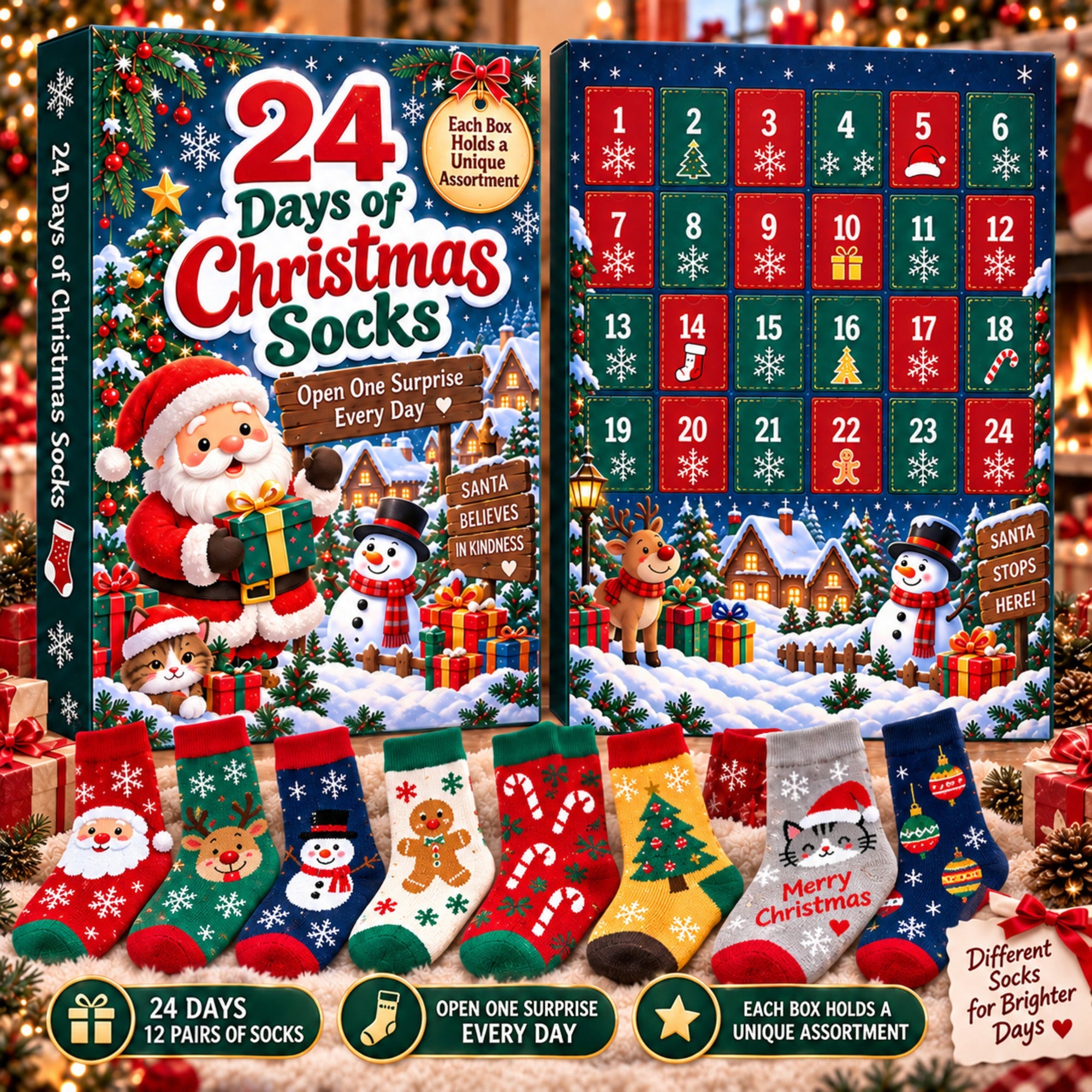 Calendrier de l'Avent 24 jours de chaussettes de Noël, coffret cadeau mystère de 12 paires de chaussettes, motifs festif