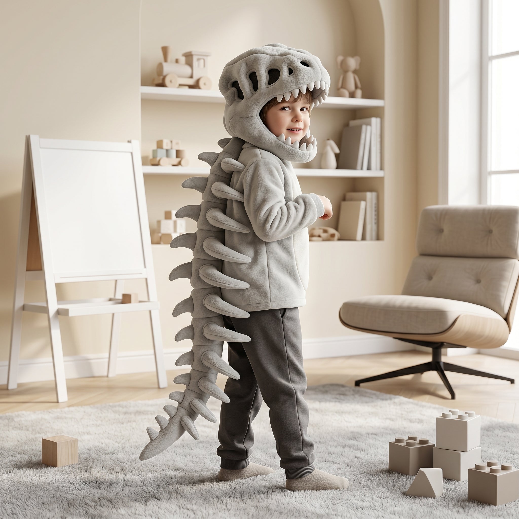 Capuche peluche crâne de dinosaure enfant avec colonne vertébrale