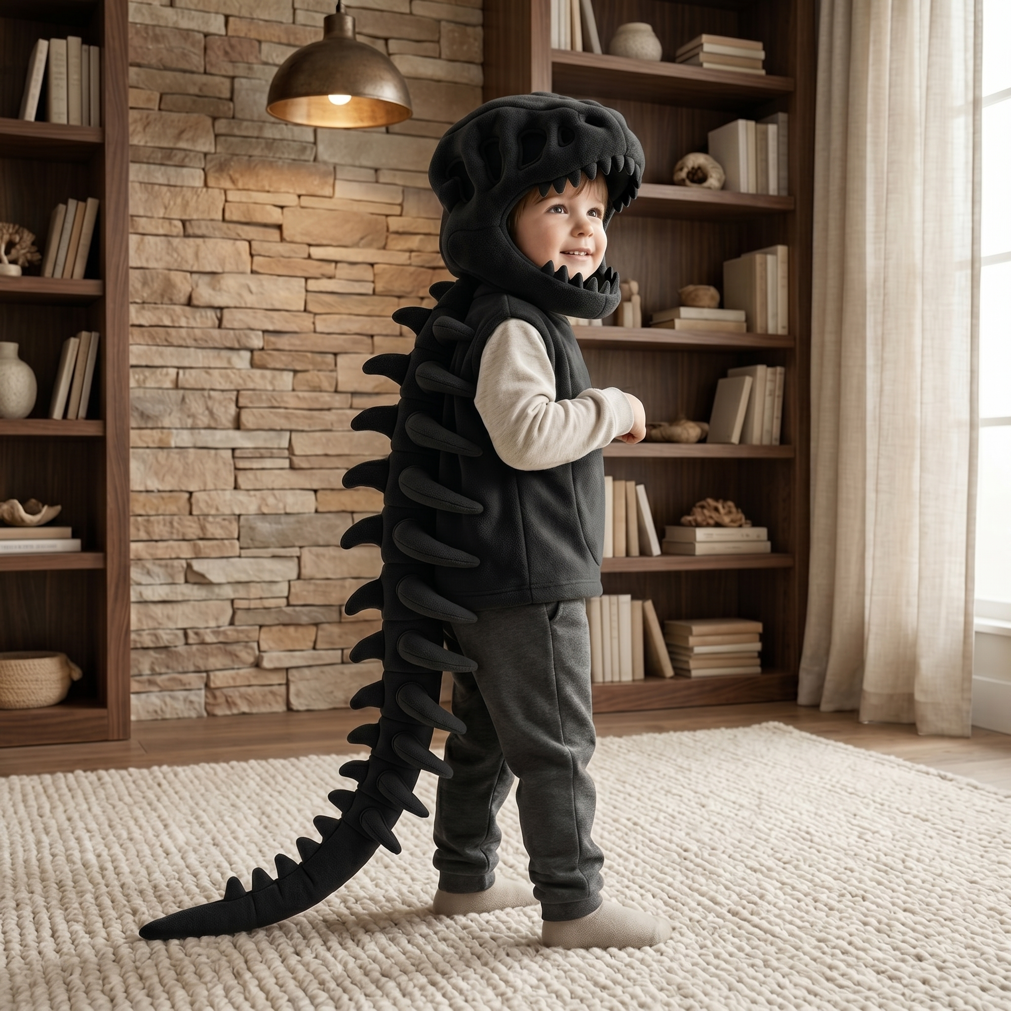 Capuche peluche crâne de dinosaure enfant avec colonne vertébrale