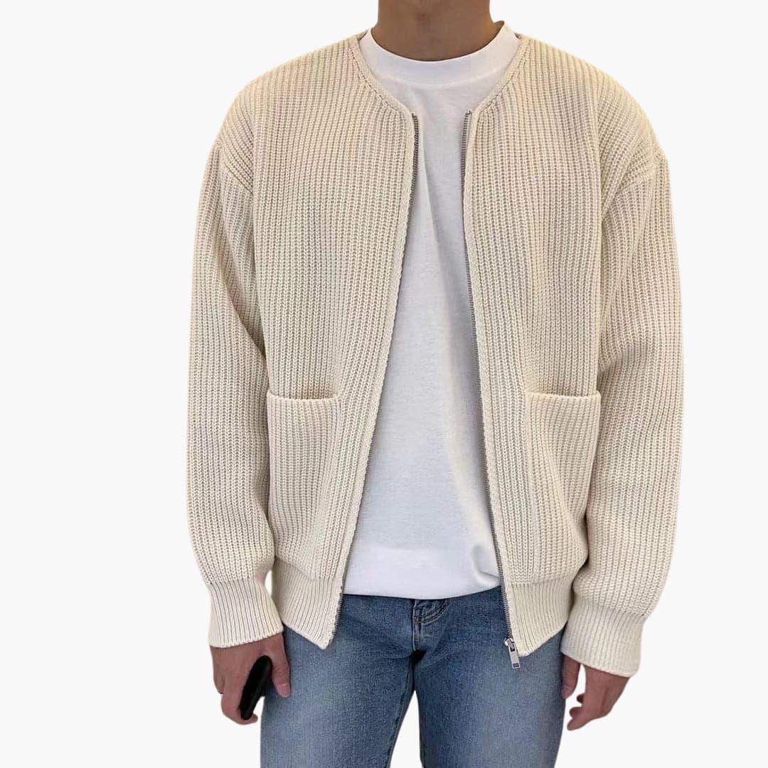 Cardigan zippé homme en maille côtelée épaisse, encolure ras-du-cou et deux poches plaquées, 5 coloris, tailles XS à 3XL