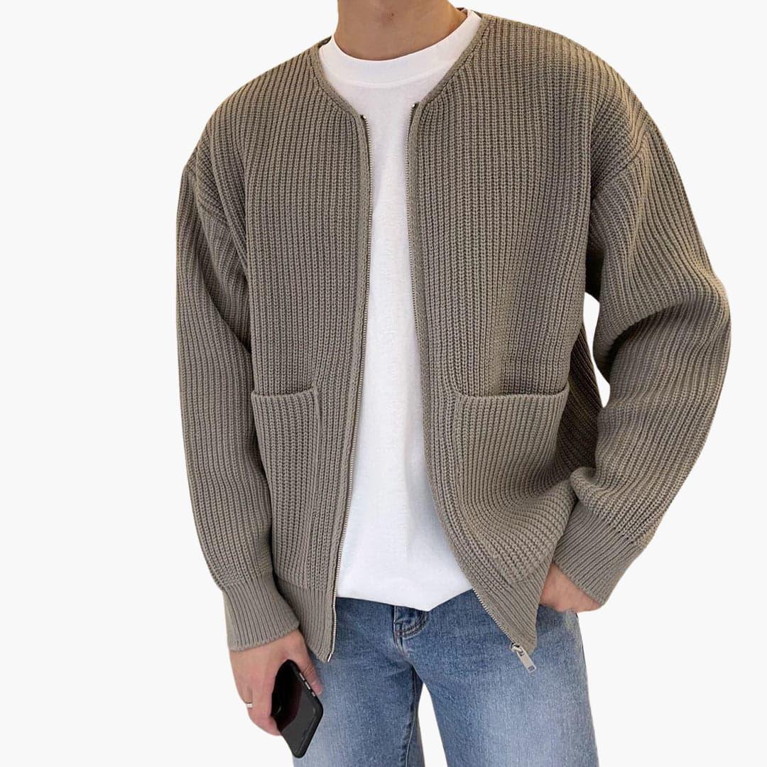 Cardigan zippé homme en maille côtelée épaisse, encolure ras-du-cou et deux poches plaquées, 5 coloris, tailles XS à 3XL