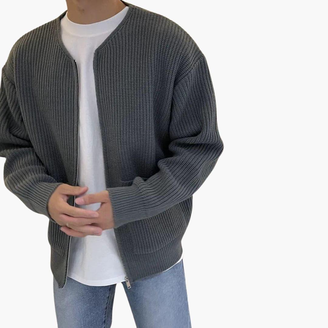 Cardigan zippé homme en maille côtelée épaisse, encolure ras-du-cou et deux poches plaquées, 5 coloris, tailles XS à 3XL