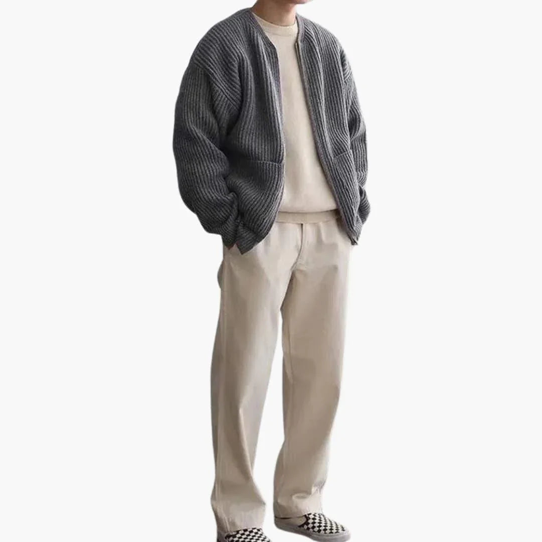 Cardigan zippé homme en maille côtelée épaisse, encolure ras-du-cou et deux poches plaquées, 5 coloris, tailles XS à 3XL