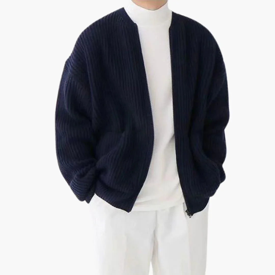 Cardigan zippé homme en maille côtelée épaisse, encolure ras-du-cou et deux poches plaquées, 5 coloris, tailles XS à 3XL