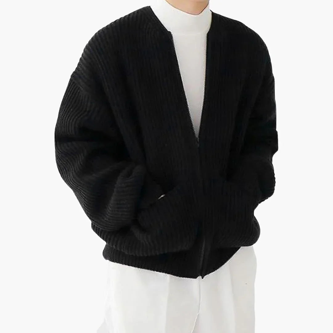 Cardigan zippé homme en maille côtelée épaisse, encolure ras-du-cou et deux poches plaquées, 5 coloris, tailles XS à 3XL