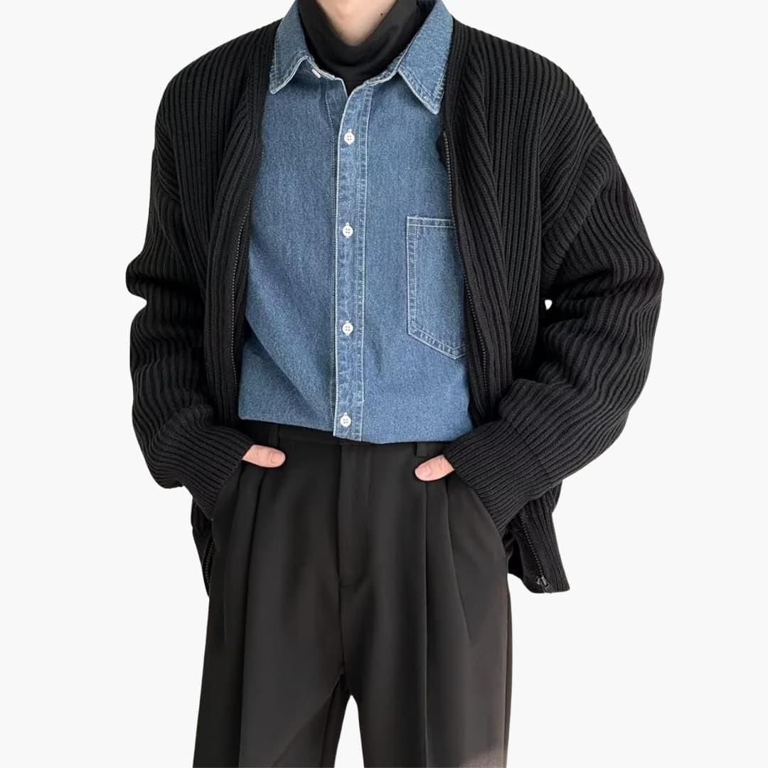 Cardigan zippé homme en maille côtelée épaisse, encolure ras-du-cou et deux poches plaquées, 5 coloris, tailles XS à 3XL
