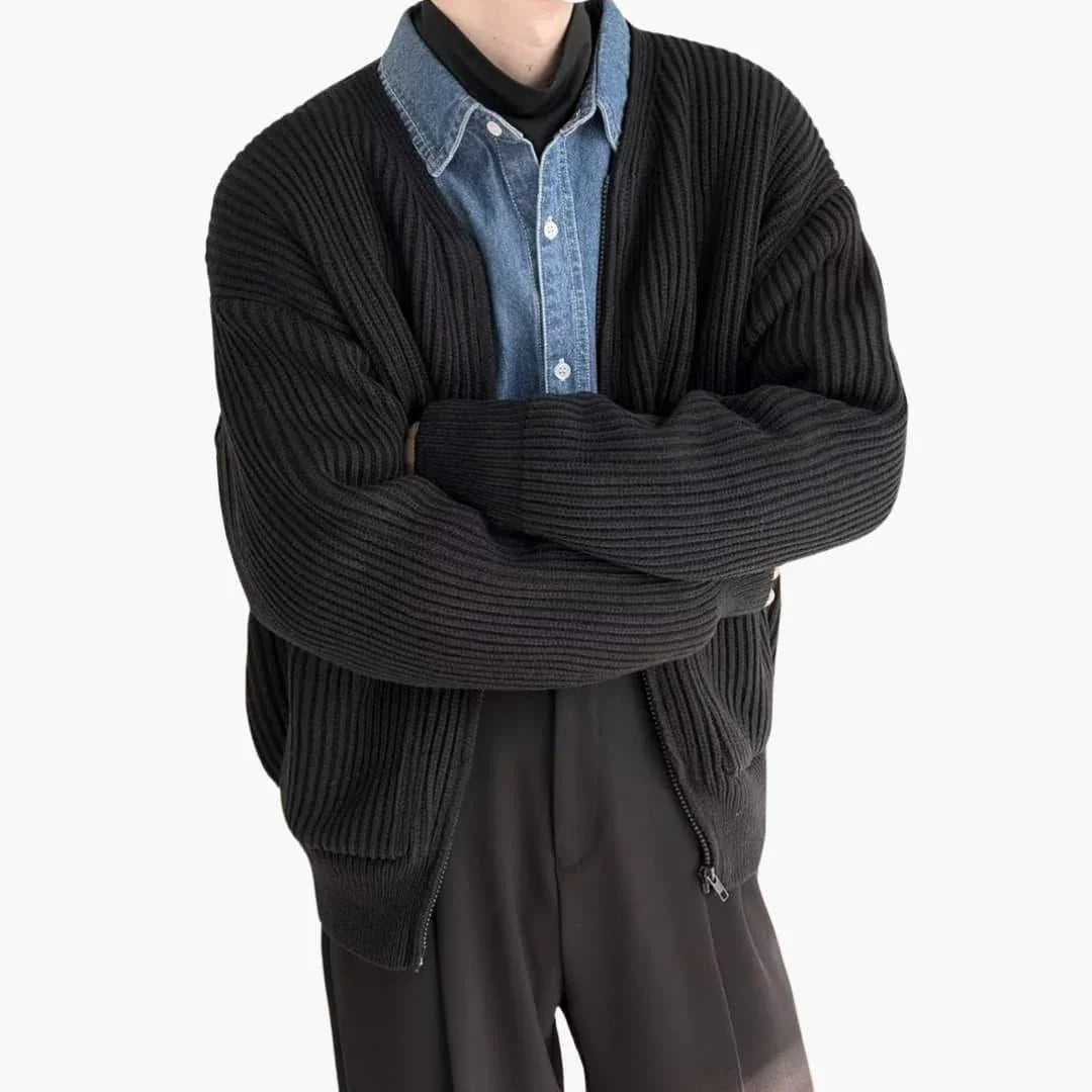 Cardigan zippé homme en maille côtelée épaisse, encolure ras-du-cou et deux poches plaquées, 5 coloris, tailles XS à 3XL