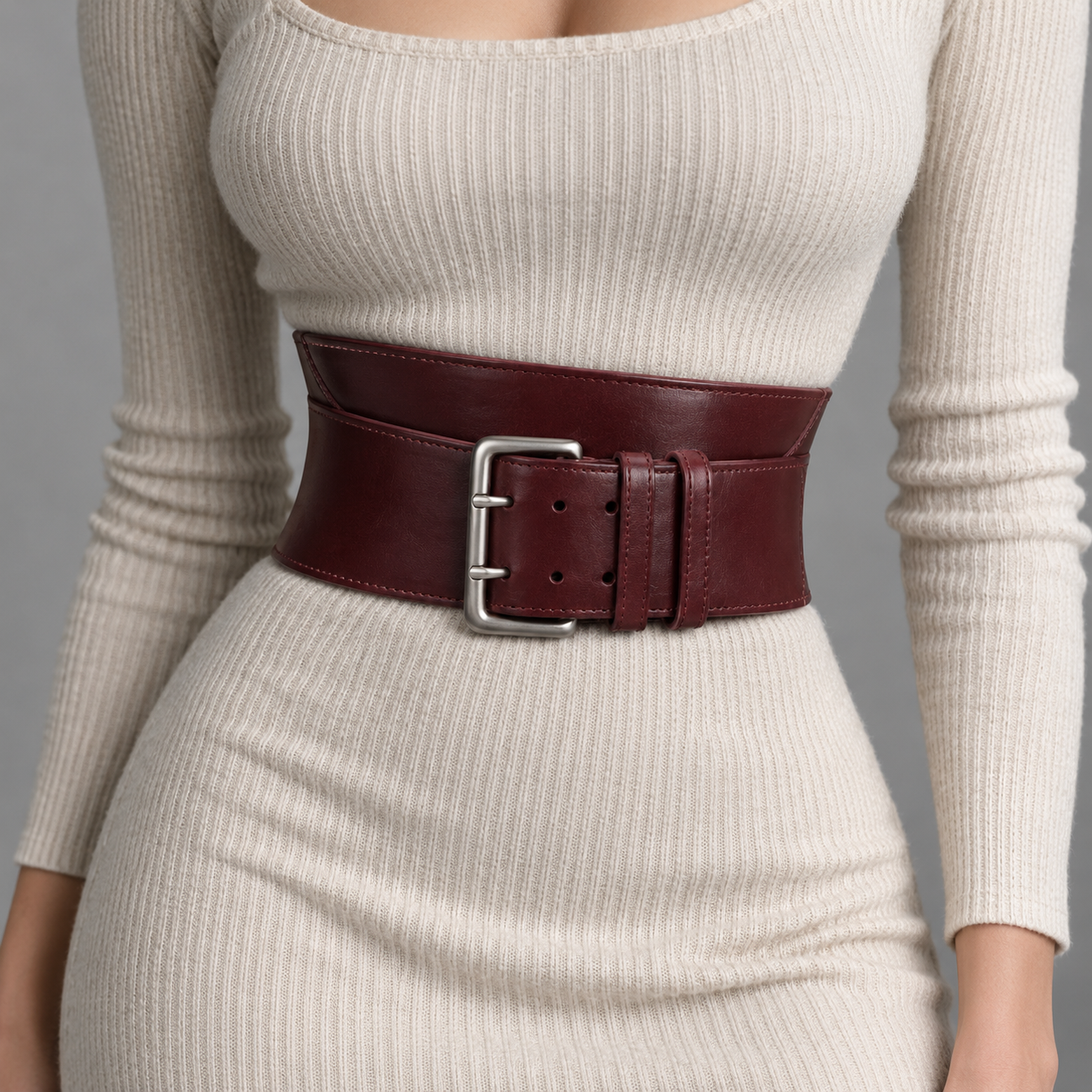 Ceinture bordeaux avec boucle argentée en cuir végétal