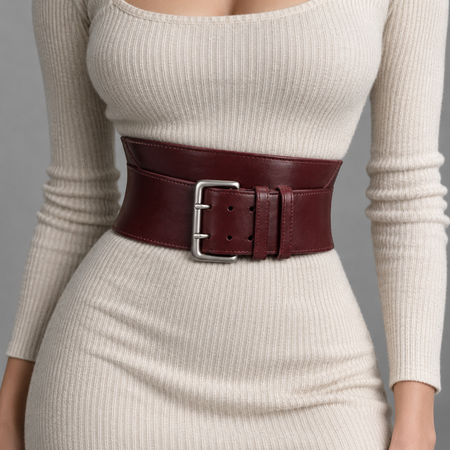 Ceinture bordeaux avec boucle argentée en cuir végétal