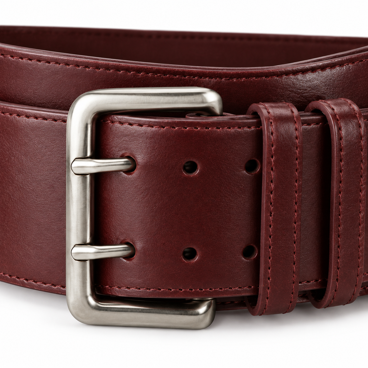 Ceinture bordeaux avec boucle argentée en cuir végétal
