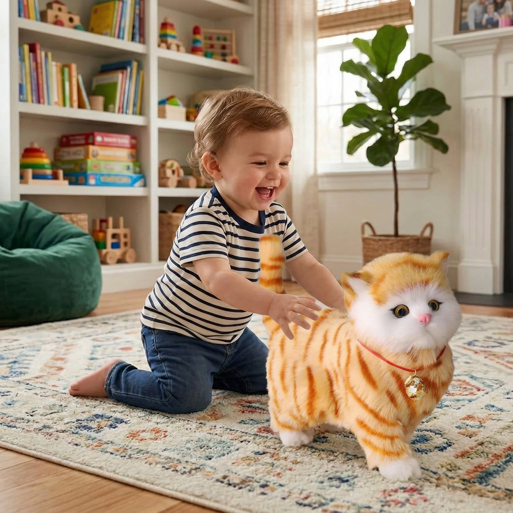 Chaton robot interactif réaliste tigré, chat robot qui marche et miaule