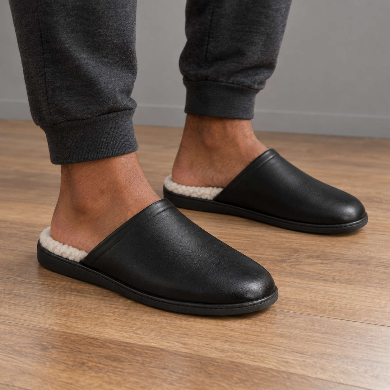 Chaussons d'intérieur noirs pour homme doublés fausse fourrure