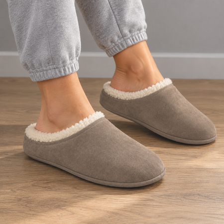 Chaussons homme taupe en suède doublés imitation peau lainée