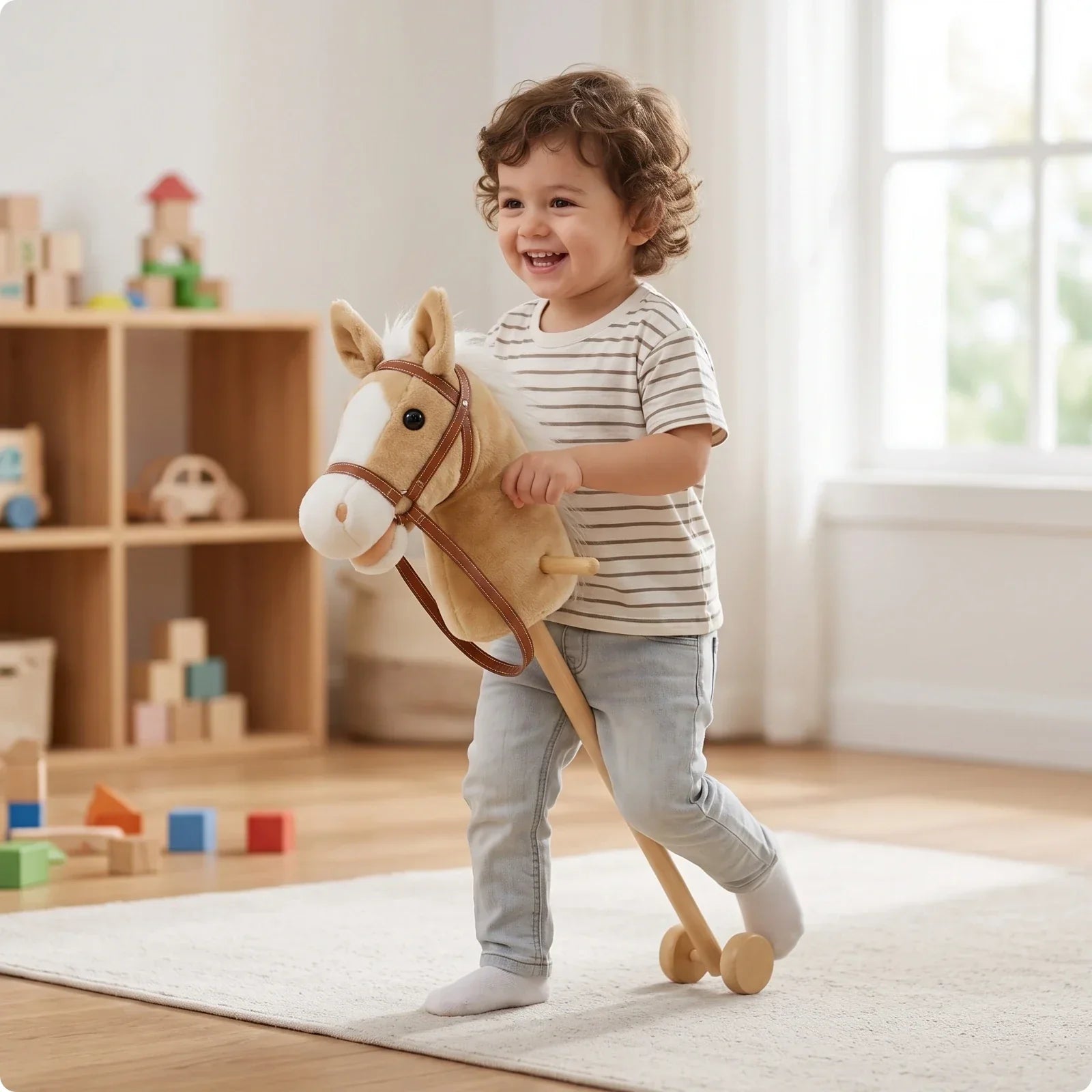 Cheval à bâton en peluche sur roues - Jouet à pousser pour tout-petits