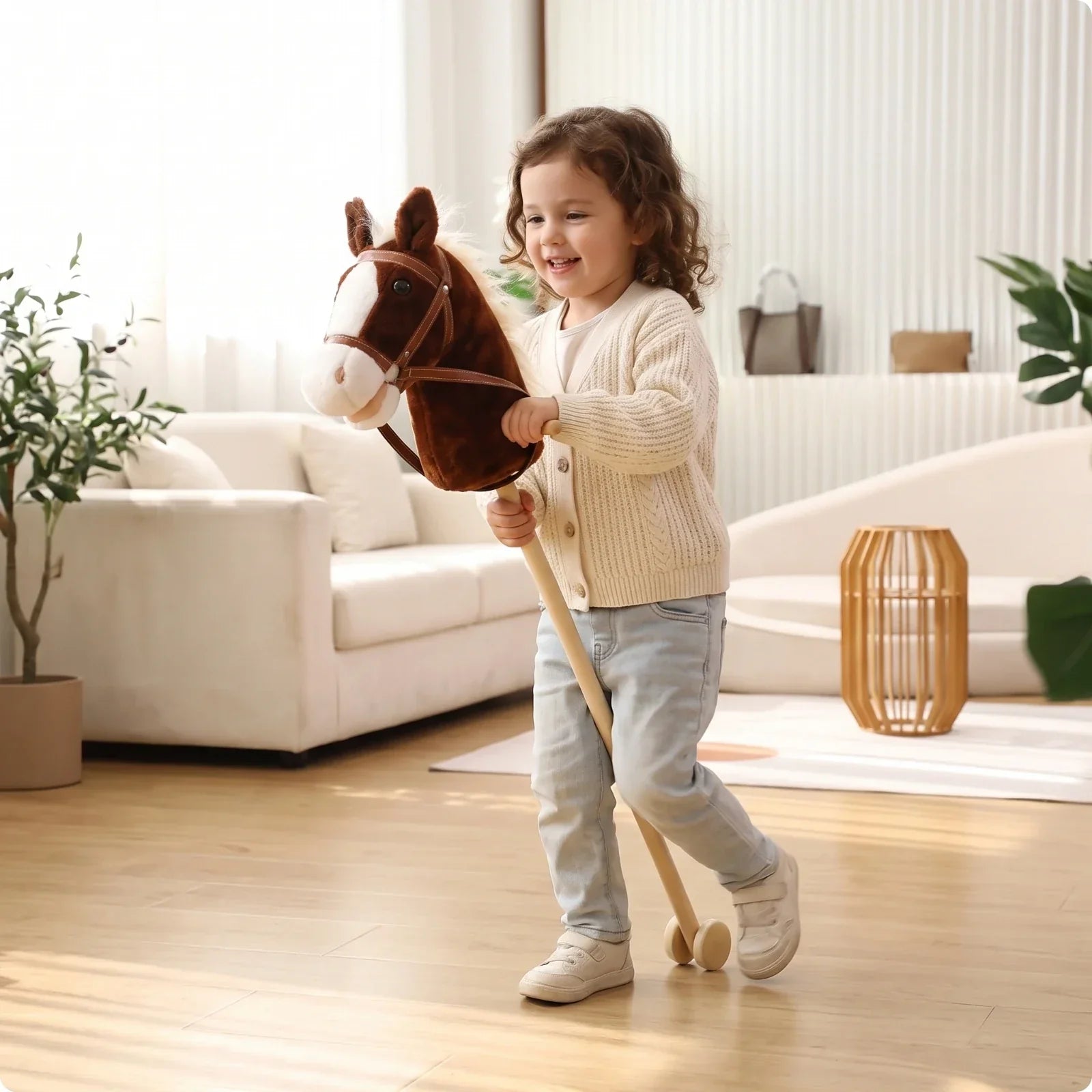Cheval à bâton en peluche sur roues - Jouet à pousser pour tout-petits