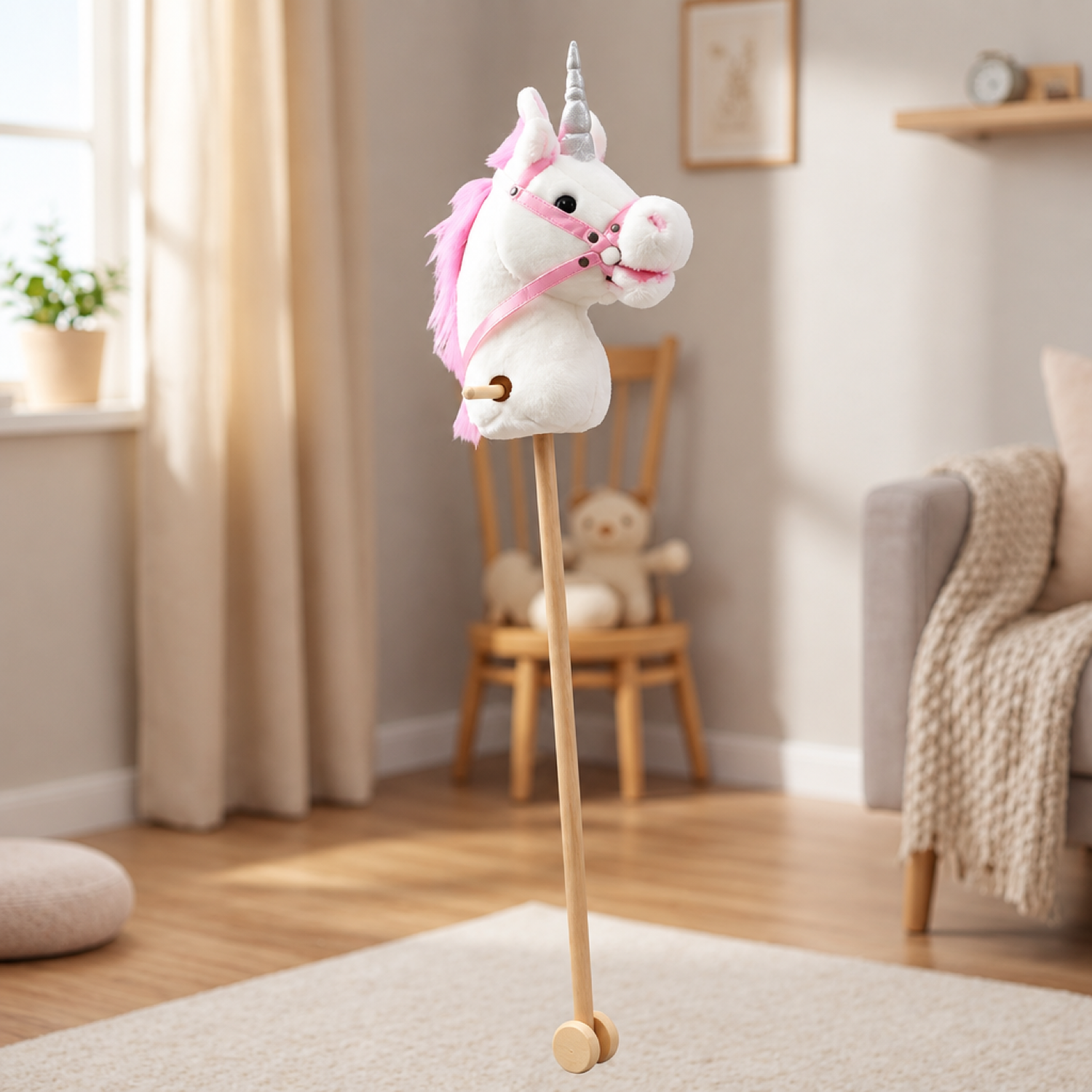 Cheval à bâton en peluche sur roues - Jouet à pousser pour tout-petits