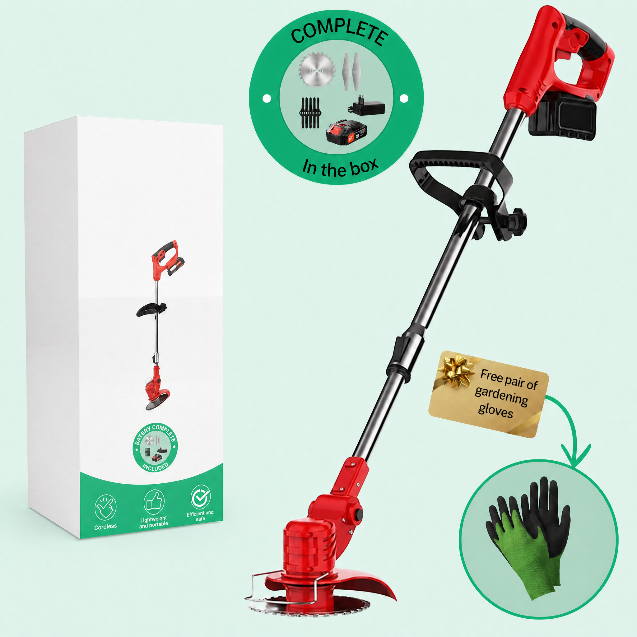Coupe-bordures sans fil 21 V sur batterie, manche télescopique, 3 types de lames et tête rotative 90°, 1,8 kg, batterie 