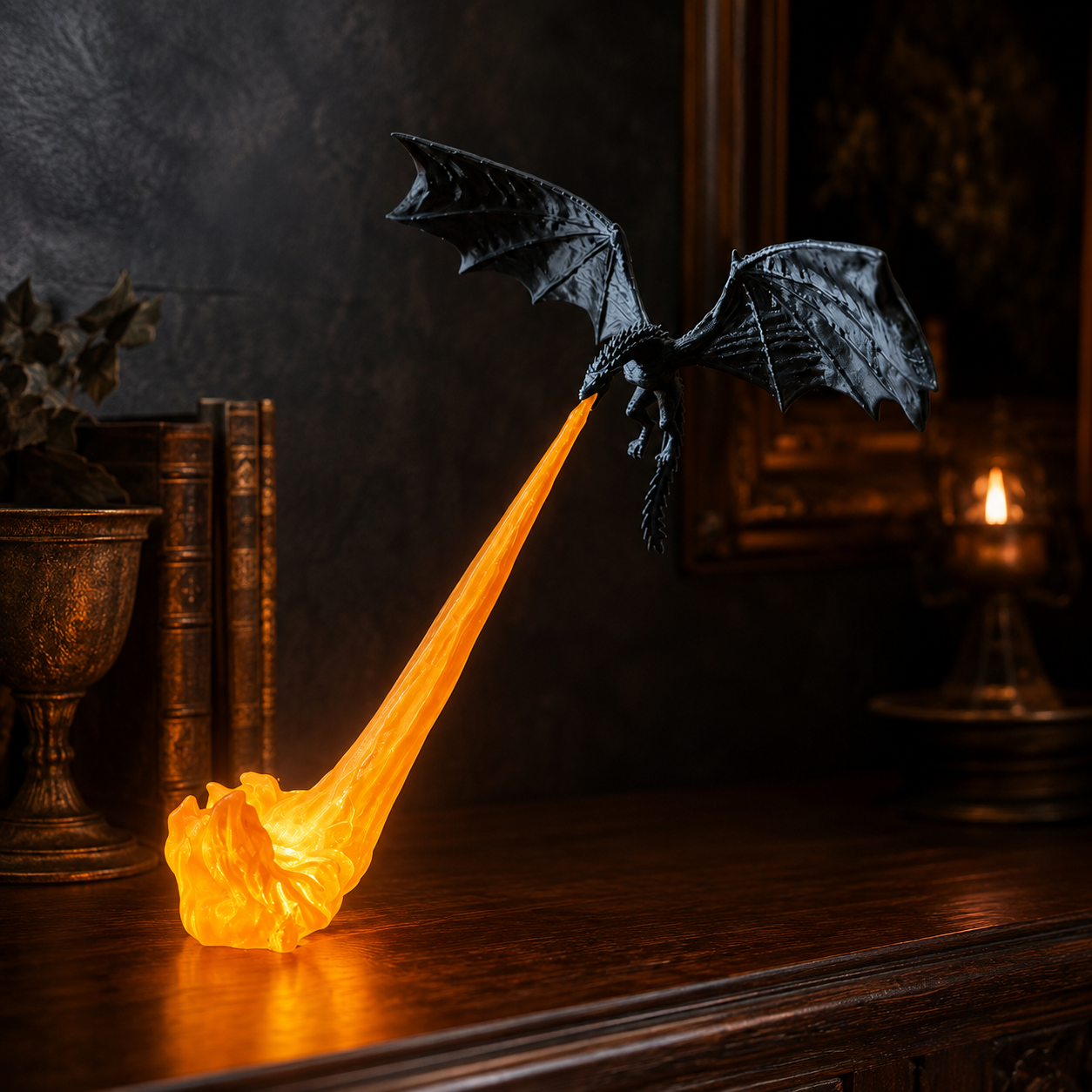 Décoration dragon volant avec effet de flamme lumineuse pour chambres fantastiques