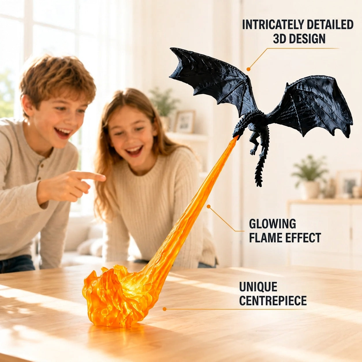 Décoration dragon volant avec effet de flamme lumineuse pour chambres fantastiques