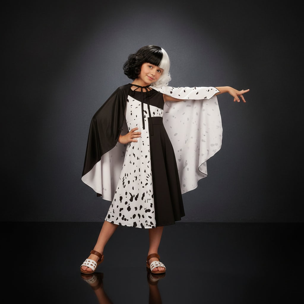 Déguisement Halloween fille, robe noire et blanche à pois dalmatien avec cape, polyester, masque à plumes et perruque bi