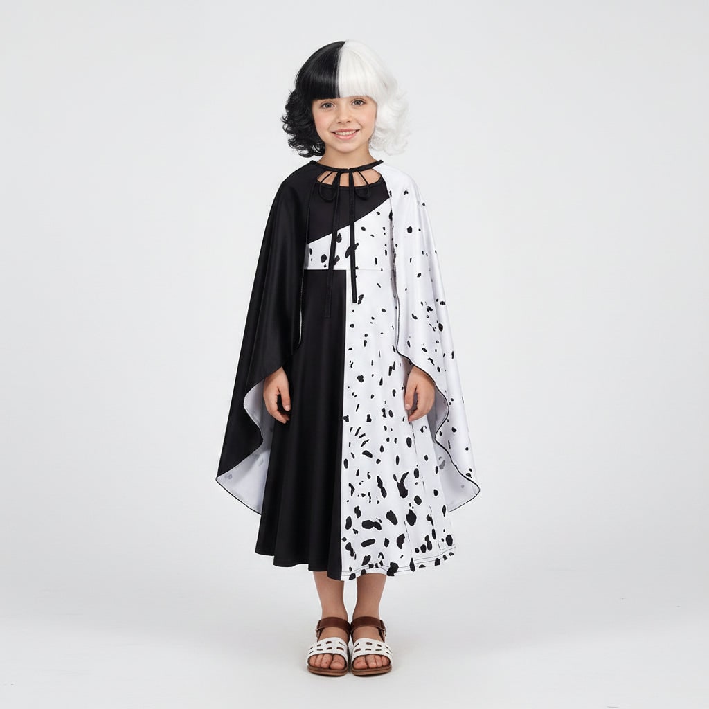 Déguisement Halloween fille, robe noire et blanche à pois dalmatien avec cape, polyester, masque à plumes et perruque bi