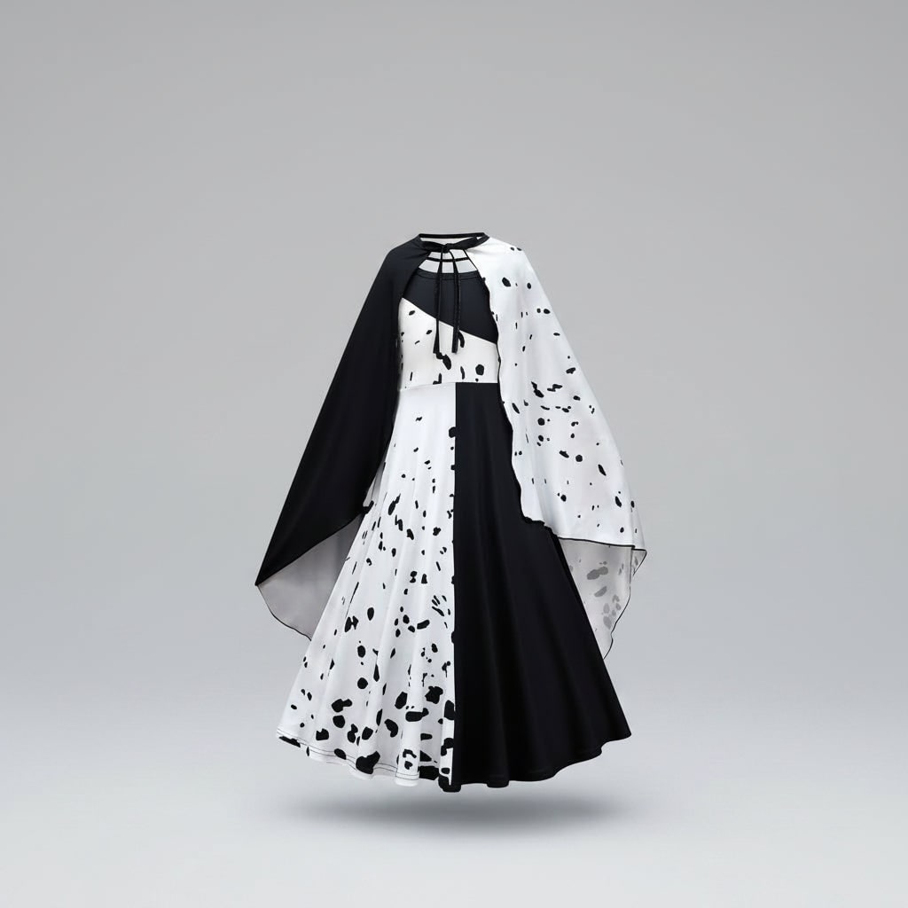 Déguisement Halloween fille, robe noire et blanche à pois dalmatien avec cape, polyester, masque à plumes et perruque bi