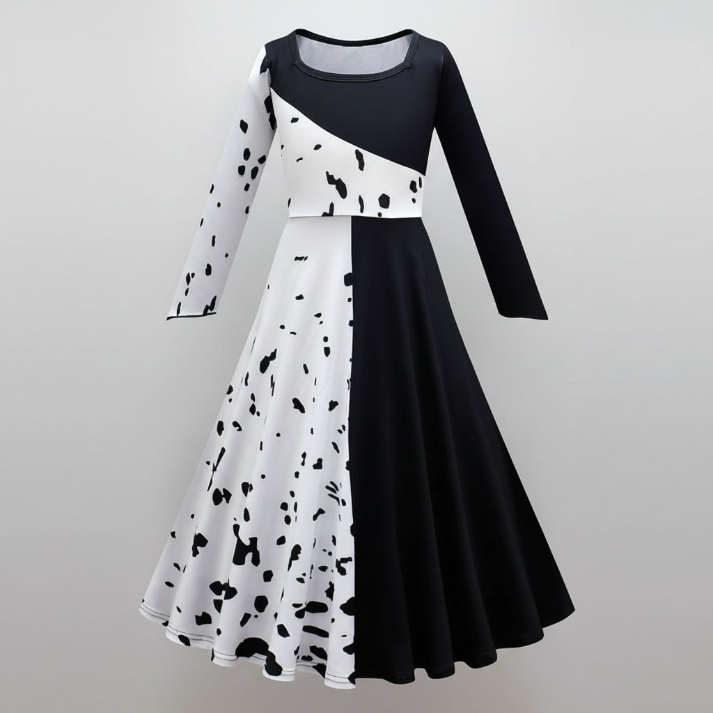 Déguisement Halloween fille, robe noire et blanche à pois dalmatien avec cape, polyester, masque à plumes et perruque bi