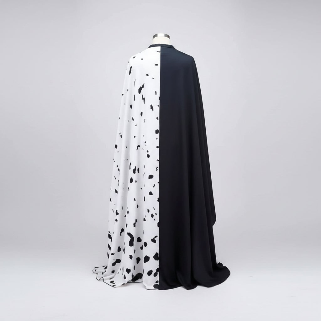 Déguisement Halloween fille, robe noire et blanche à pois dalmatien avec cape, polyester, masque à plumes et perruque bi
