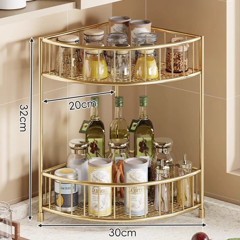 Étagère d'angle de cuisine à trois niveaux avec rebords surélevés et plateaux en maille