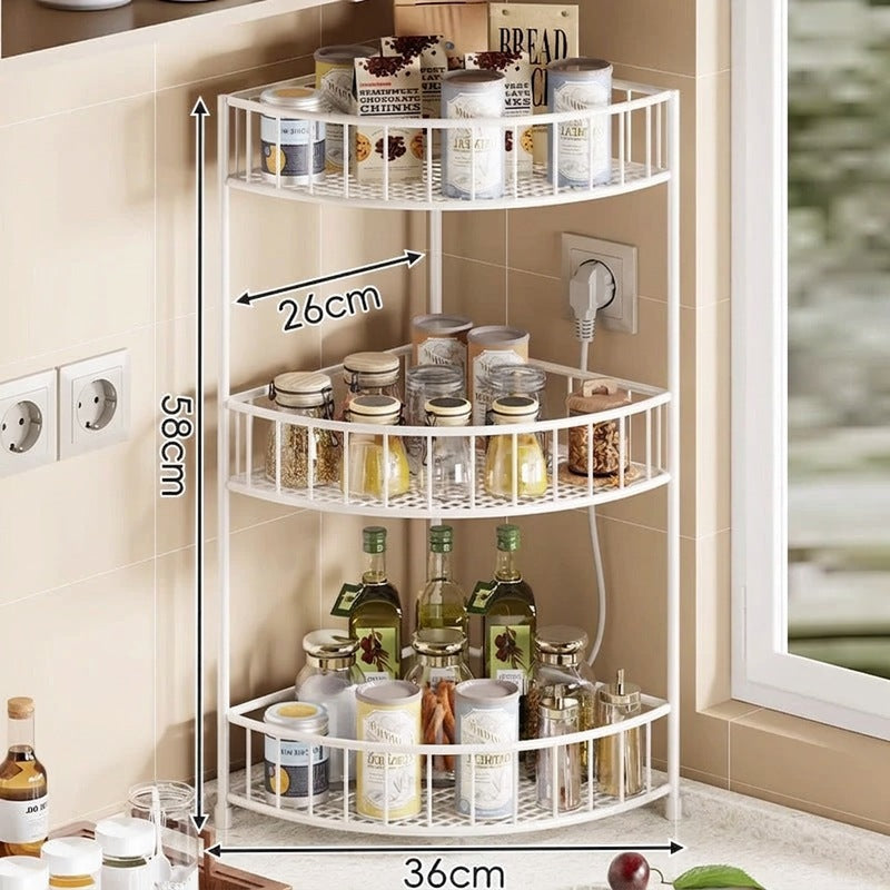 Étagère d'angle de cuisine à trois niveaux avec rebords surélevés et plateaux en maille