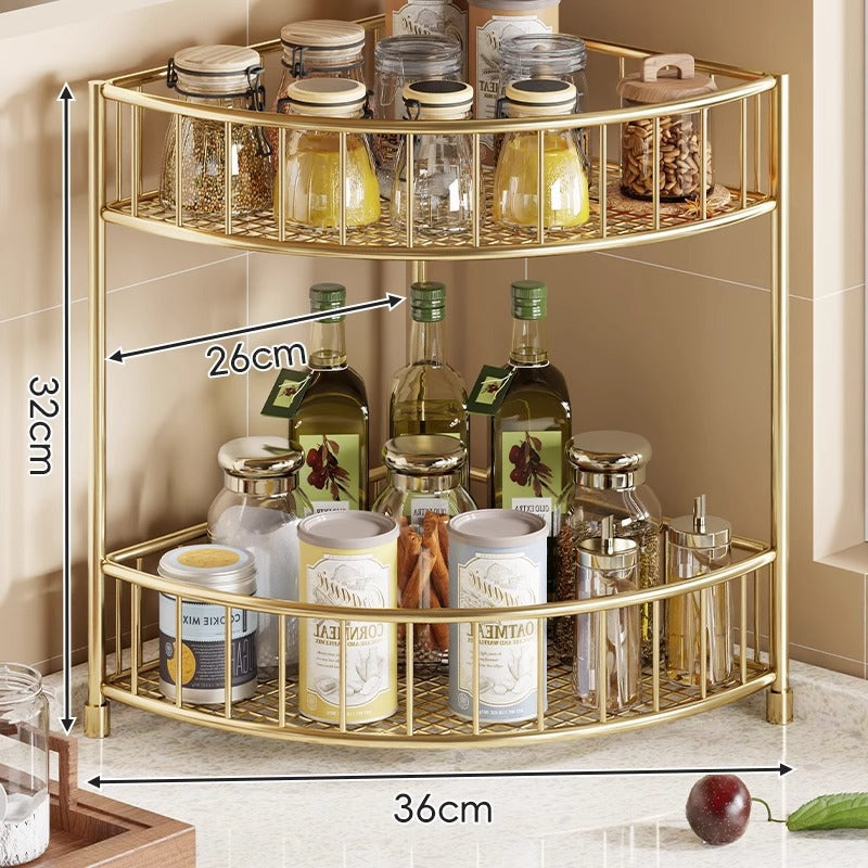 Étagère d'angle de cuisine à trois niveaux avec rebords surélevés et plateaux en maille