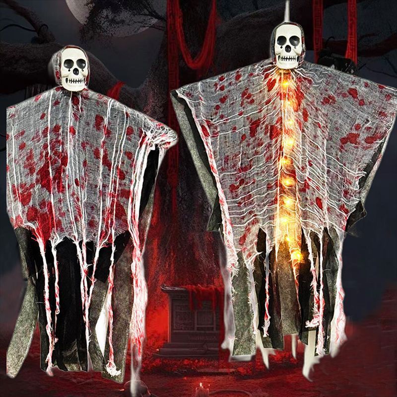 Fantôme d'Halloween suspendu avec crâne, lumières LED et gaze tachée de sang, décoration pour porte, arbre et intérieur