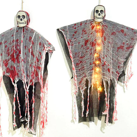 Fantôme d'Halloween suspendu avec crâne, lumières LED et gaze tachée de sang, décoration pour porte, arbre et intérieur