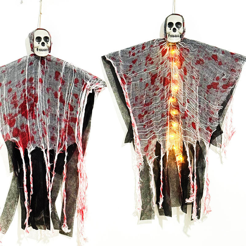 Fantôme d'Halloween suspendu avec crâne, lumières LED et gaze tachée de sang, décoration pour porte, arbre et intérieur