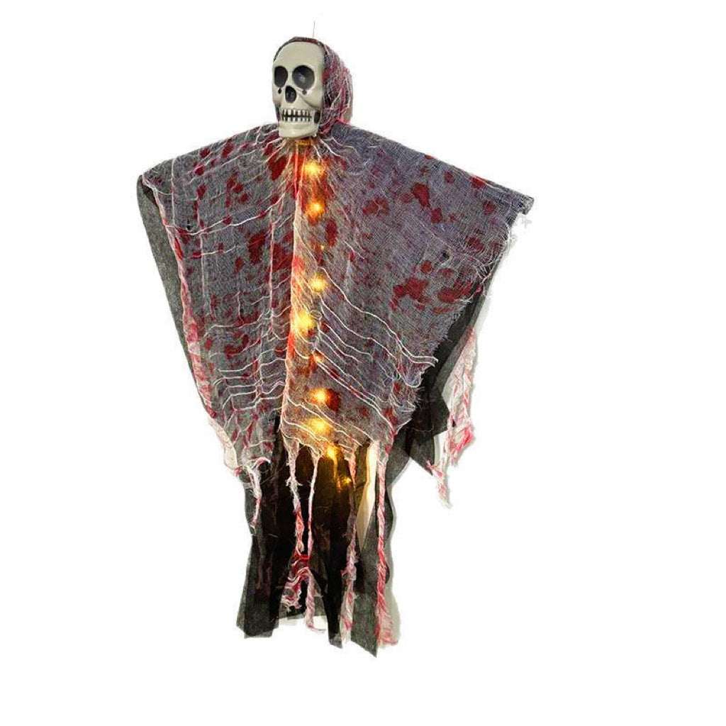 Fantôme d'Halloween suspendu avec crâne, lumières LED et gaze tachée de sang, décoration pour porte, arbre et intérieur